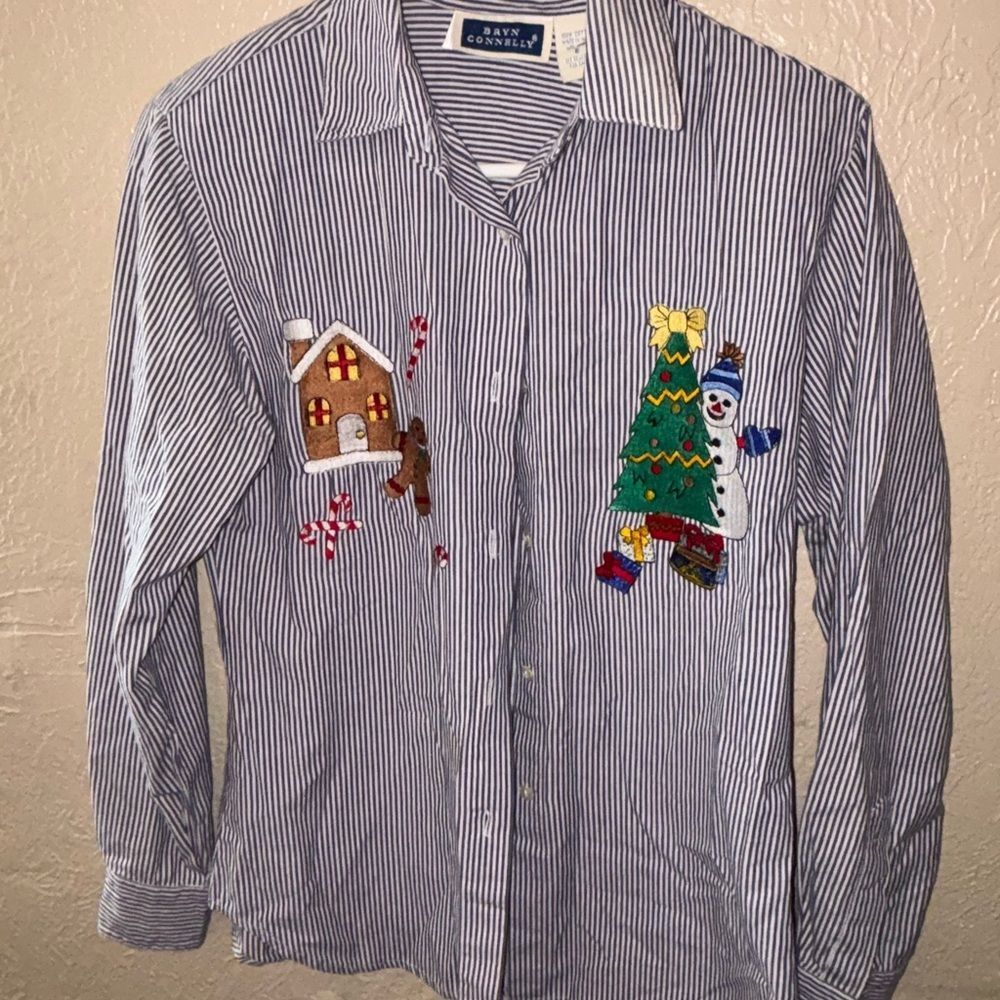 Navy Blue Striped Holiday Embroidered Shirt